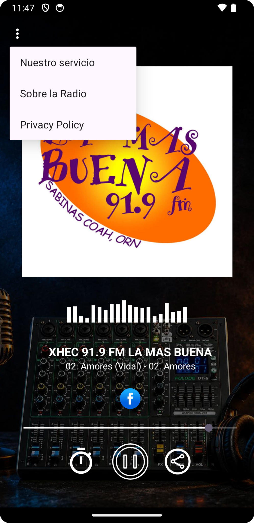 Menú y pantalla principal de la aplicación de La Más Buena 91.9 FM